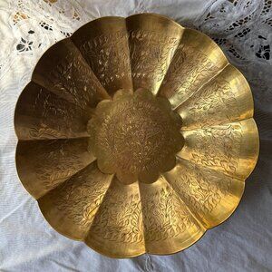 Vintage Etched Brass Bowl with Floral Design & Scalloped Rim